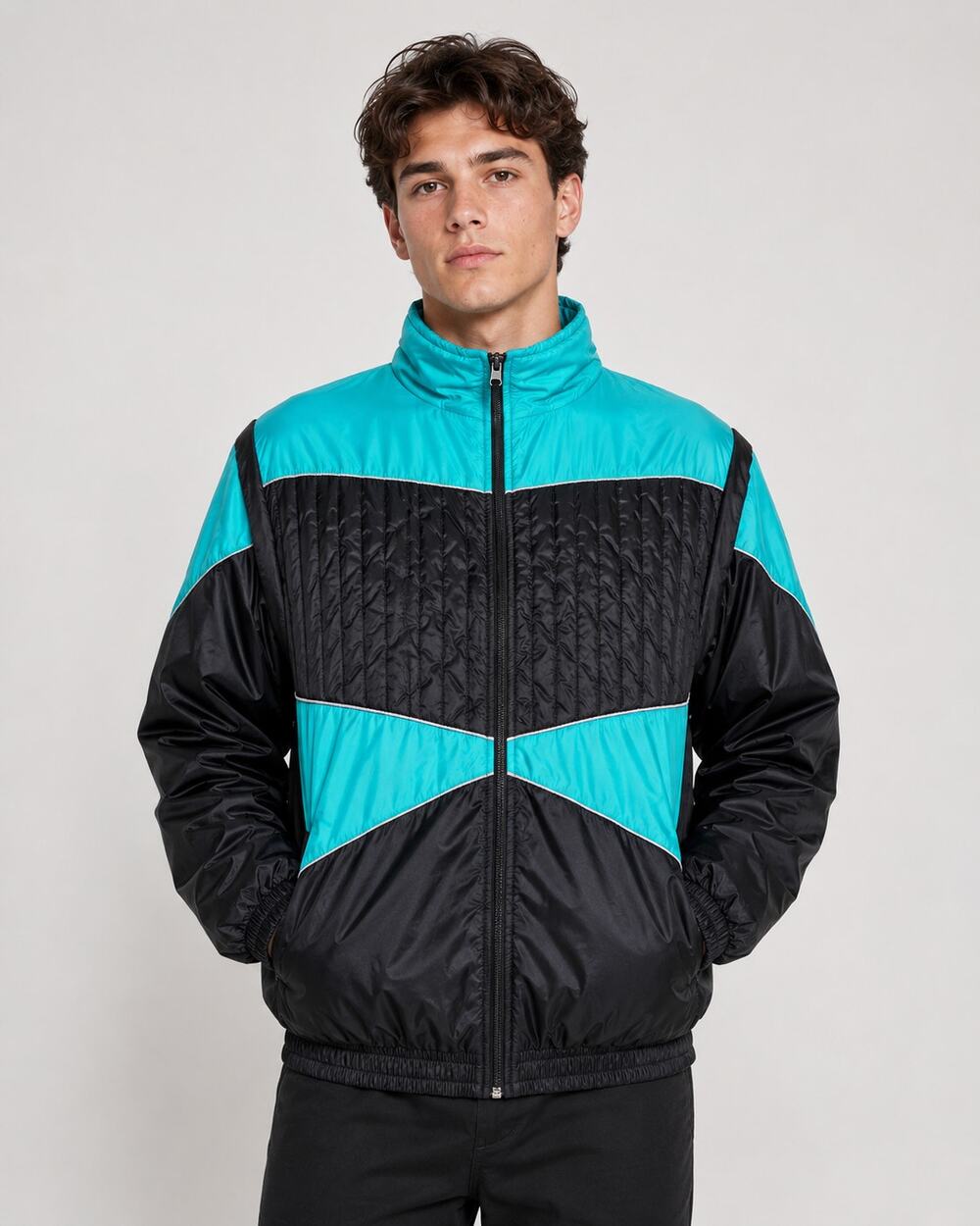 Vintage FILA Windbreaker Jacket Men’s M Black Turquoise Colorblock 90s Track